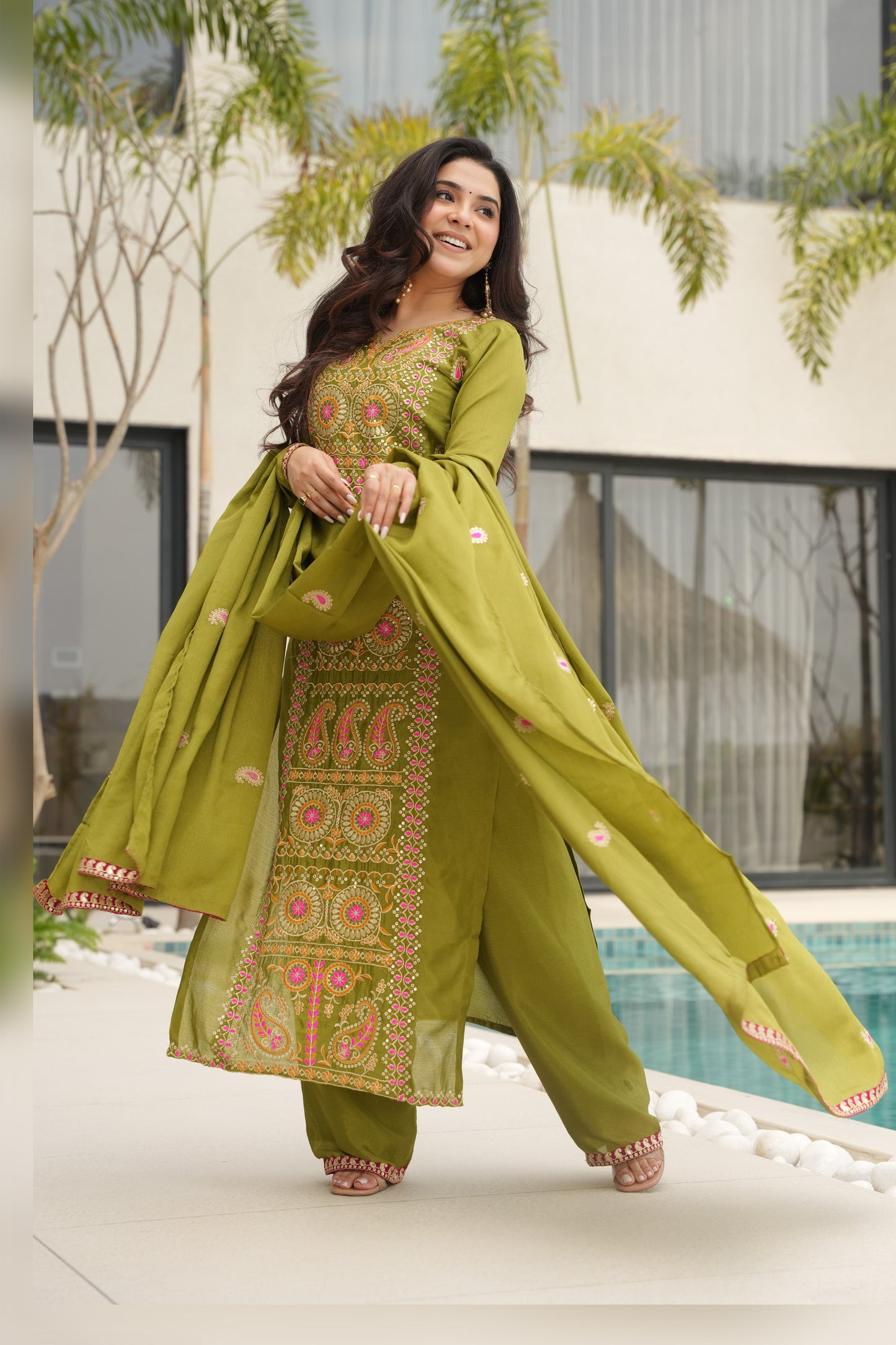 Olive Green Embroidered Kurta Set