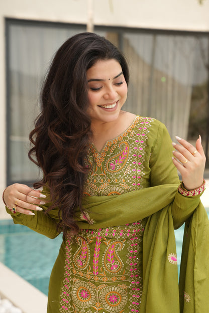 Olive Green Embroidered Kurta Set