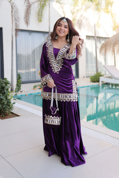 Royal Purple Mirror Work Velvet Sharara Set with Potli Bag