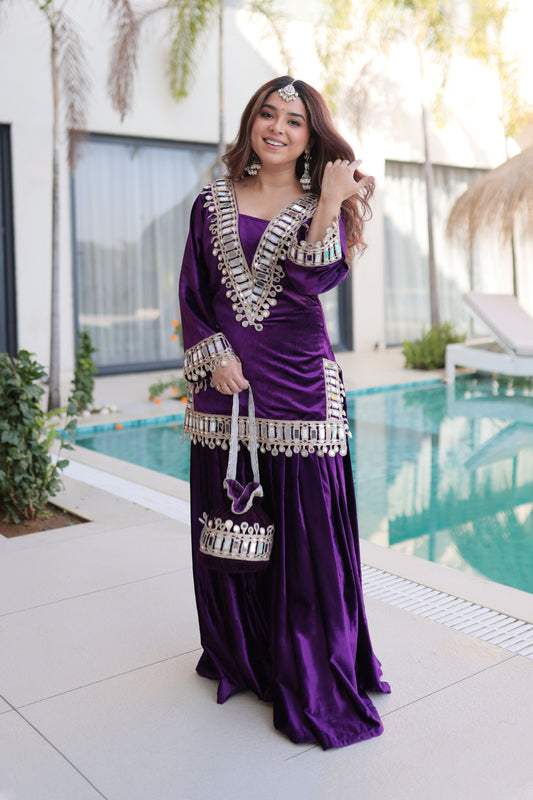 Royal Purple Mirror Work Velvet Sharara Set with Potli Bag