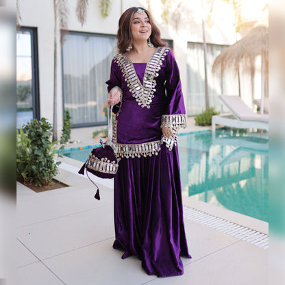 Royal Purple Mirror Work Velvet Sharara Set with Potli Bag