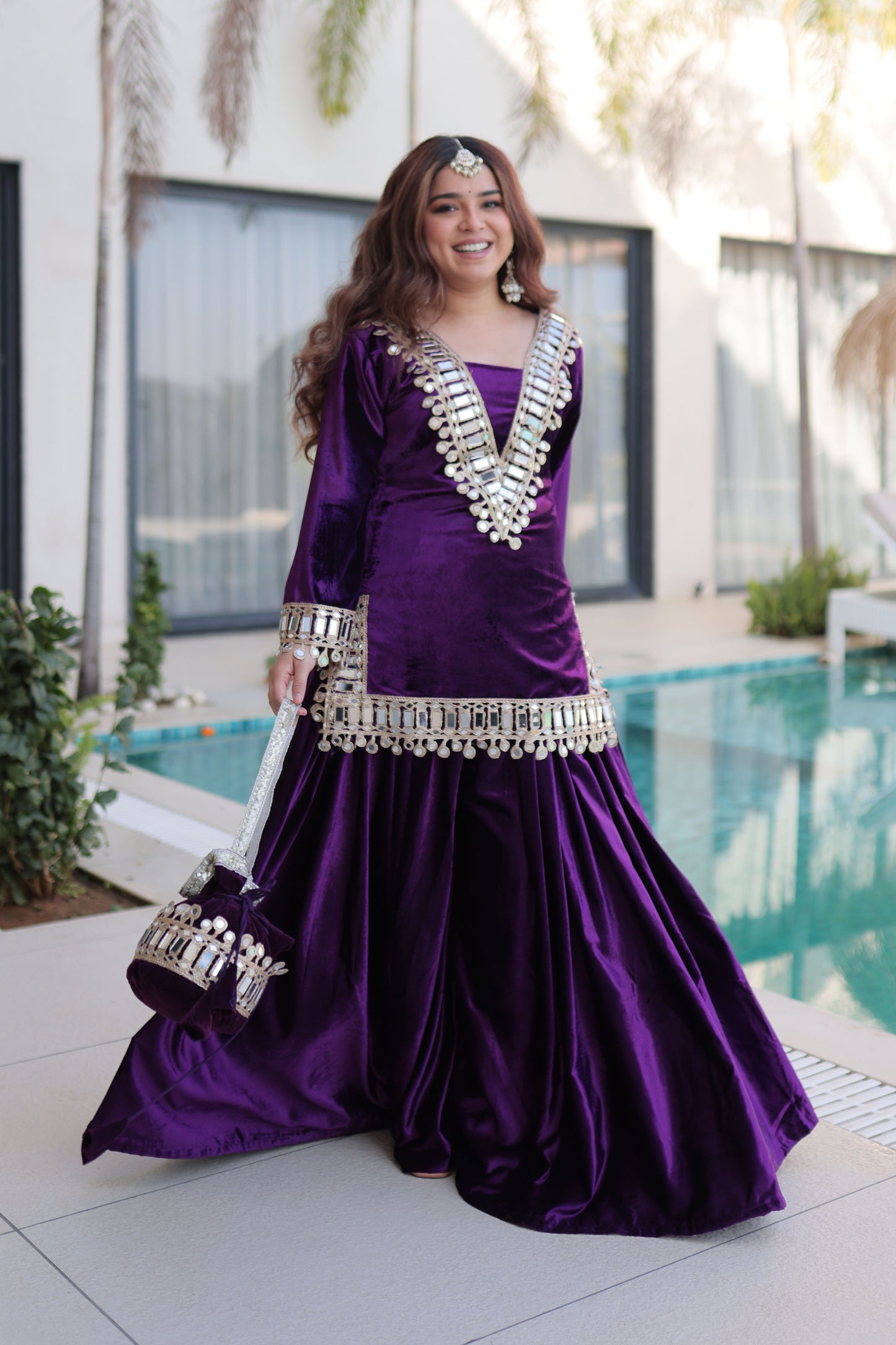 Royal Purple Mirror Work Velvet Sharara Set with Potli Bag