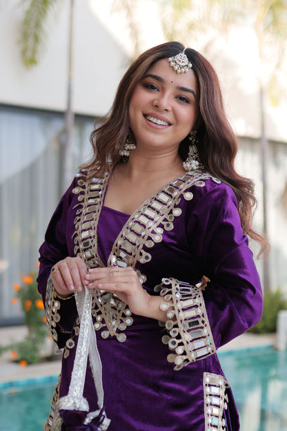 Royal Purple Mirror Work Velvet Sharara Set with Potli Bag
