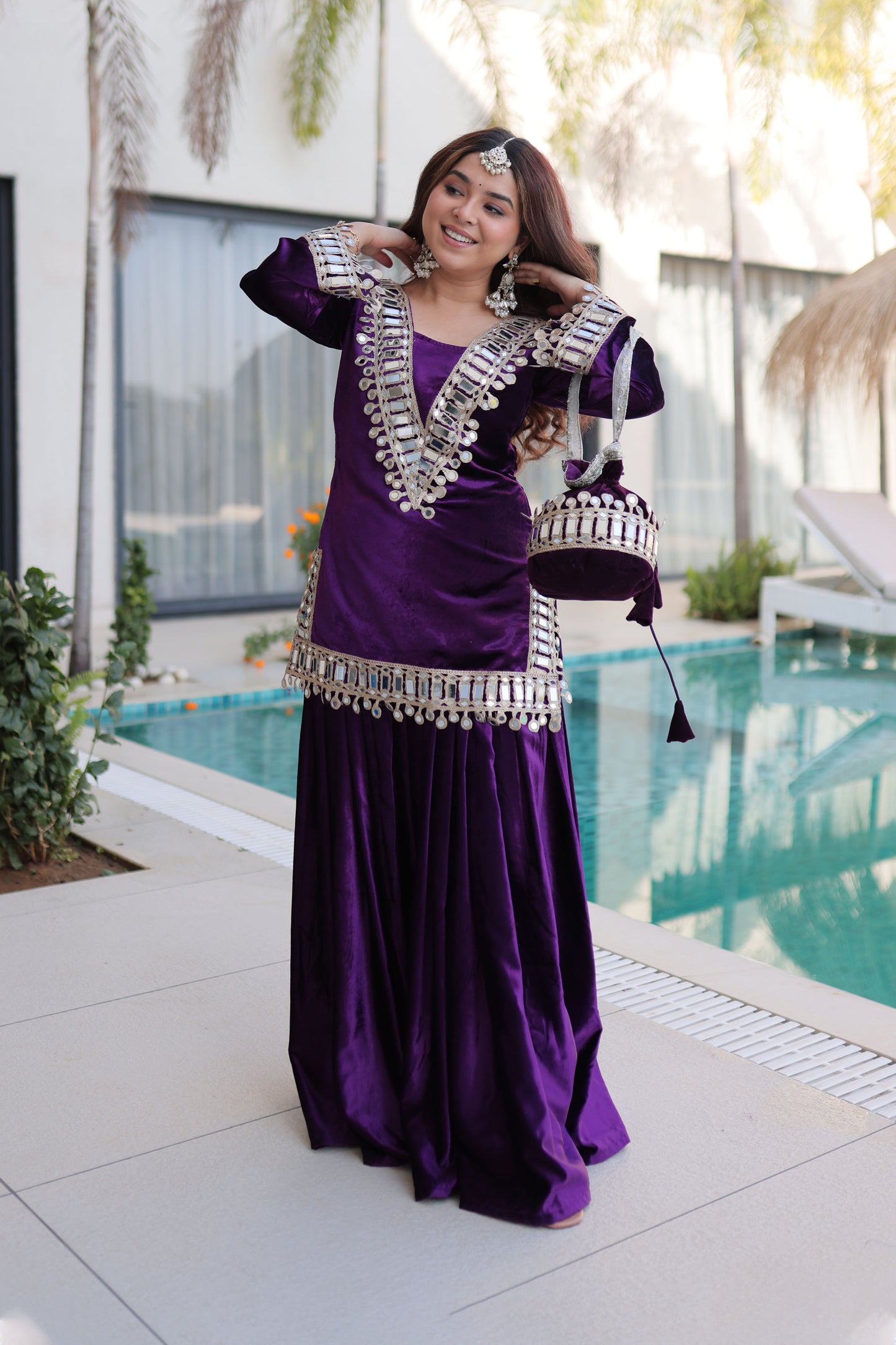Royal Purple Mirror Work Velvet Sharara Set with Potli Bag