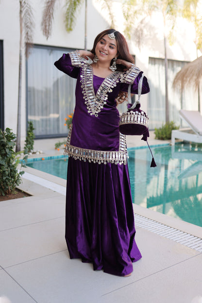 Royal Purple Mirror Work Velvet Sharara Set with Potli Bag