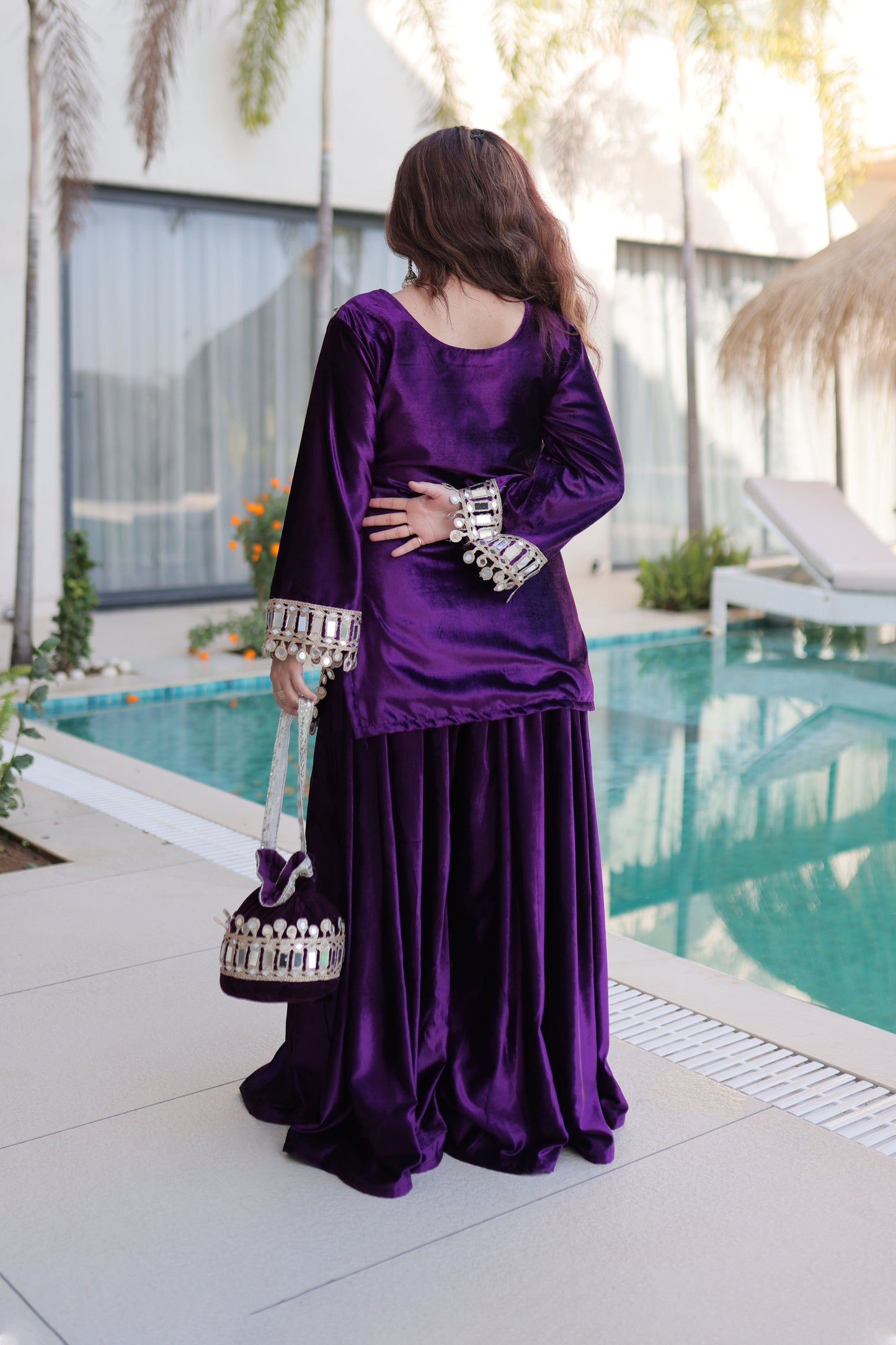 Royal Purple Mirror Work Velvet Sharara Set with Potli Bag