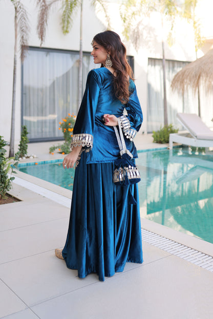 Rama Blue Mirror Work Velvet Sharara Set with Potli Bag