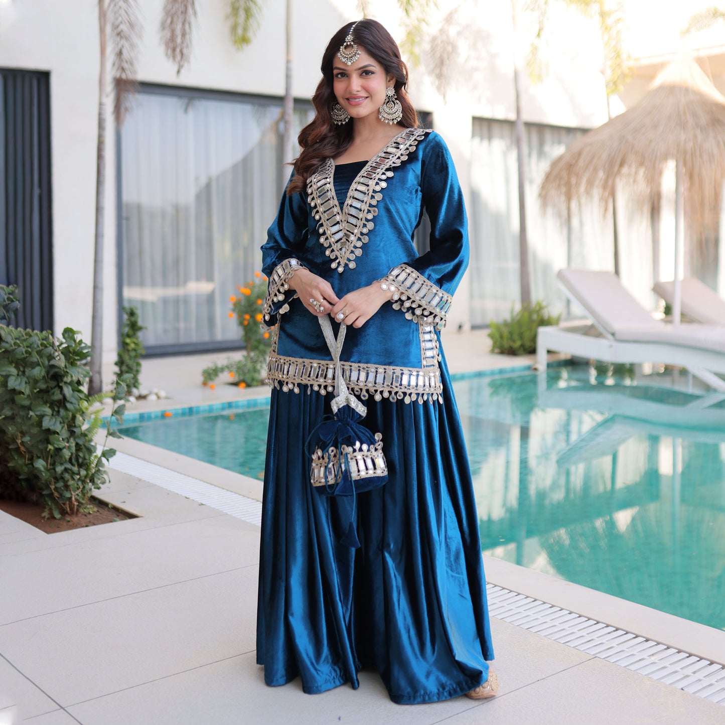 Rama Blue Mirror Work Velvet Sharara Set with Potli Bag