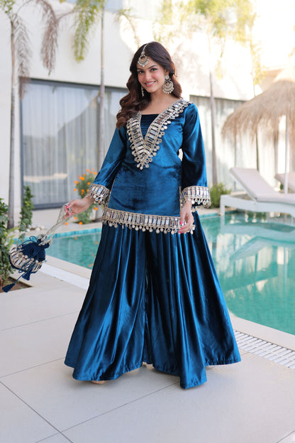 Rama Blue Mirror Work Velvet Sharara Set with Potli Bag