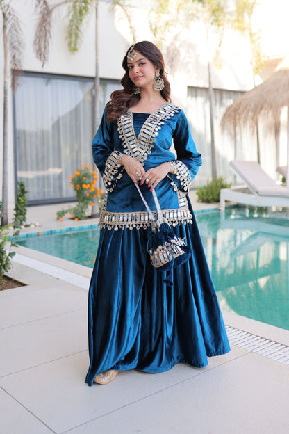 Rama Blue Mirror Work Velvet Sharara Set with Potli Bag
