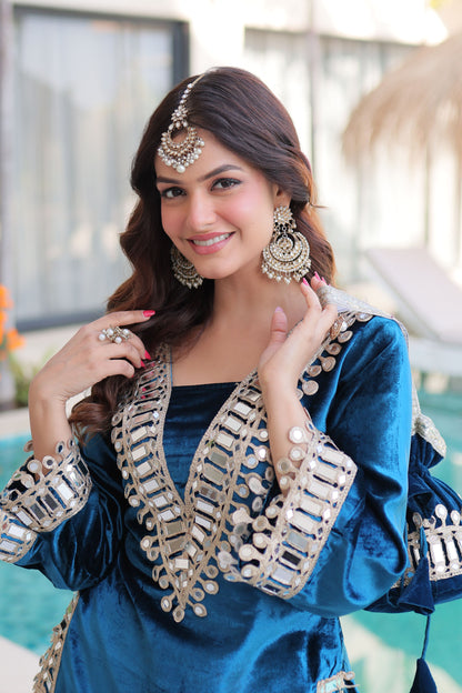 Rama Blue Mirror Work Velvet Sharara Set with Potli Bag