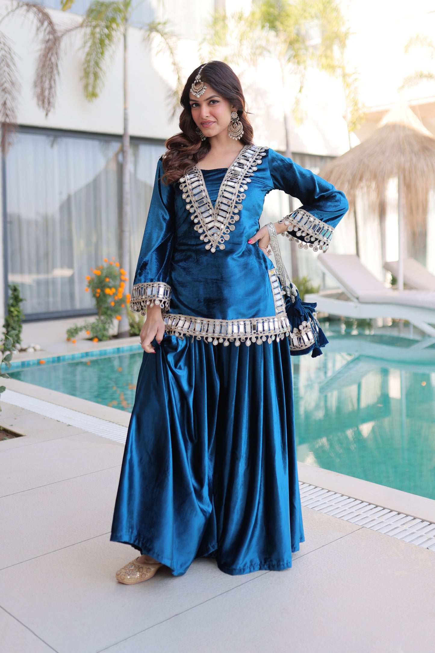 Rama Blue Mirror Work Velvet Sharara Set with Potli Bag