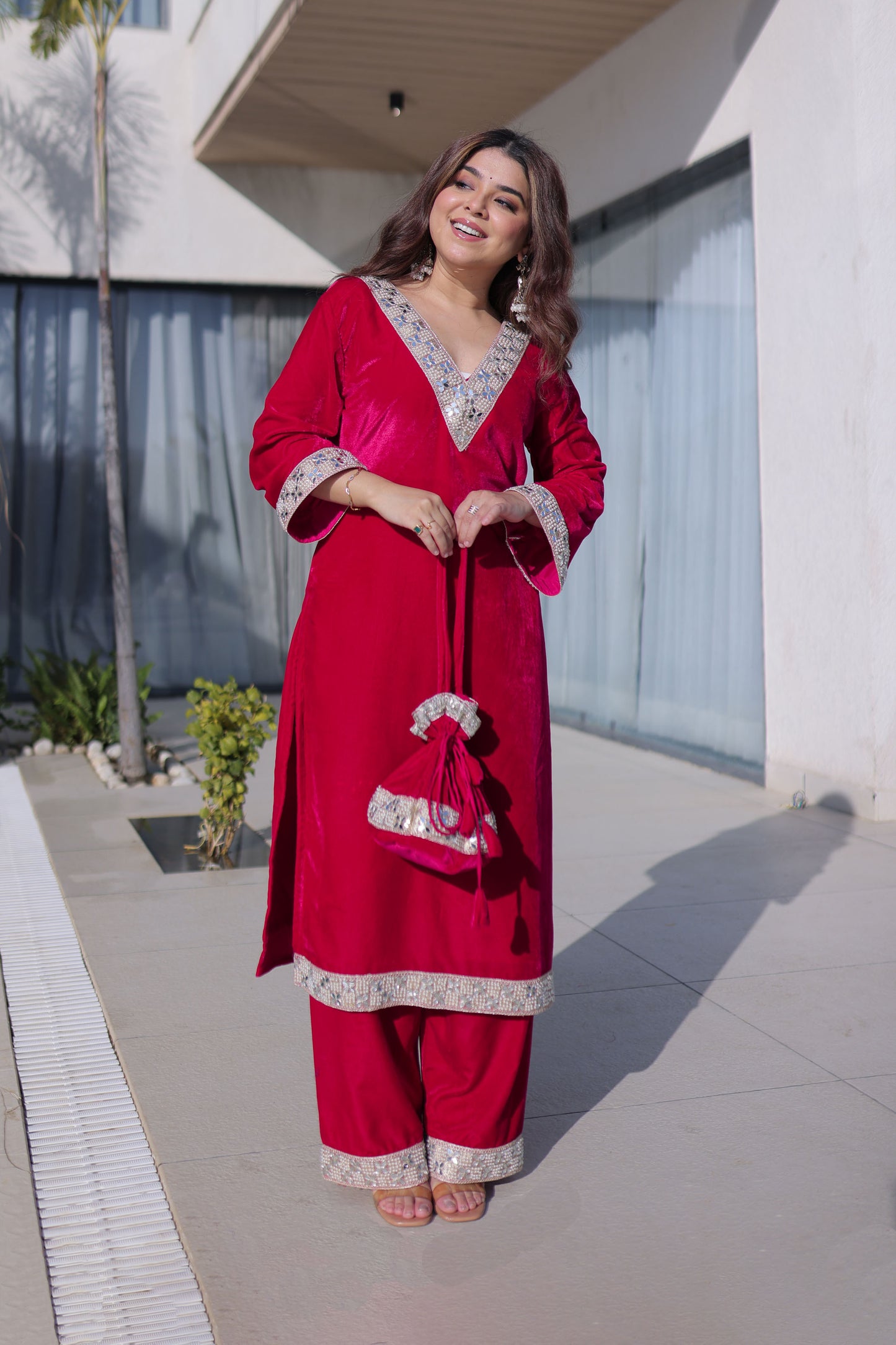 Crimson Red Embellished Velvet Kurta Pant with Potli Bag
