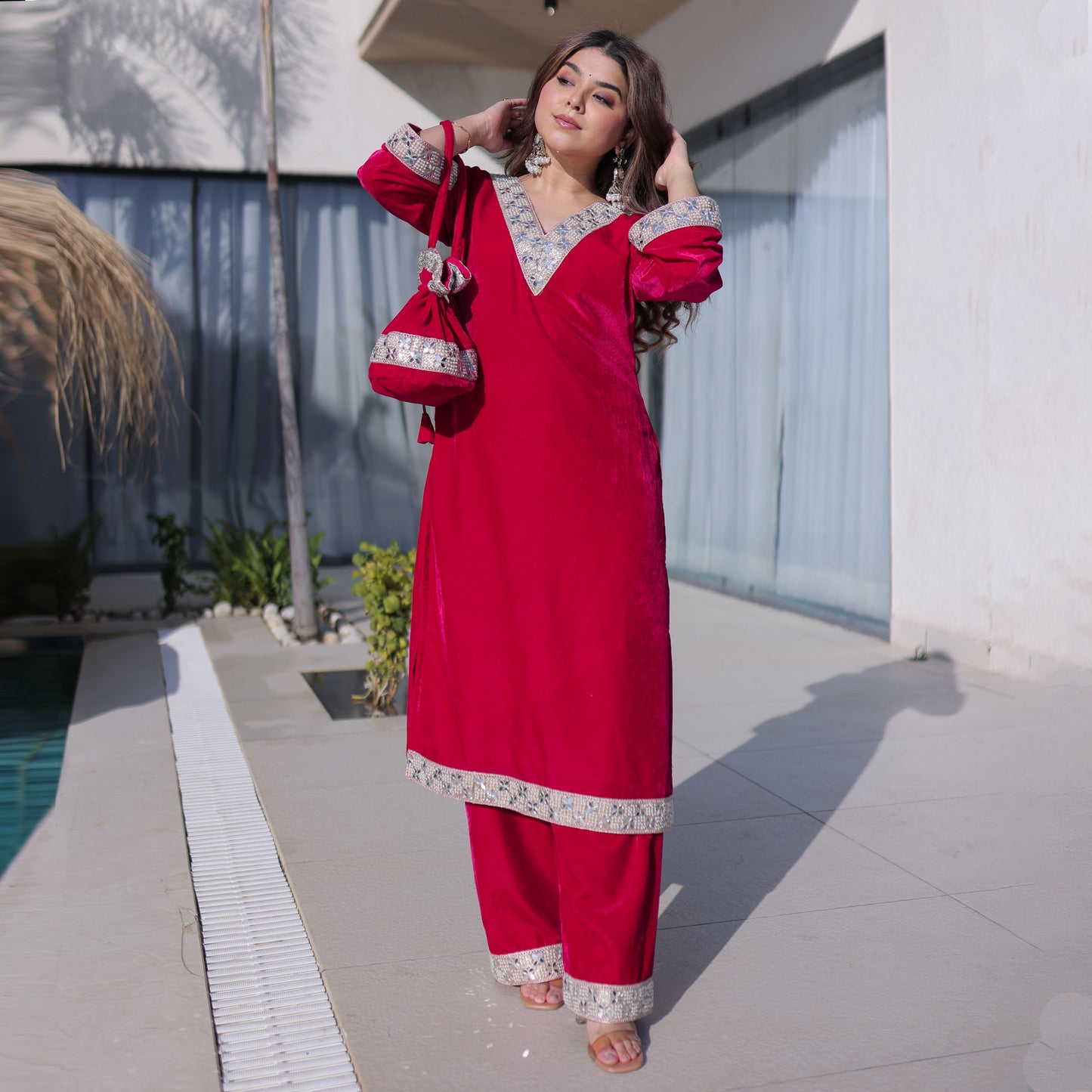Crimson Red Embellished Velvet Kurta Pant with Potli Bag