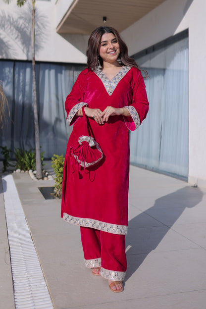 Crimson Red Embellished Velvet Kurta Pant with Potli Bag