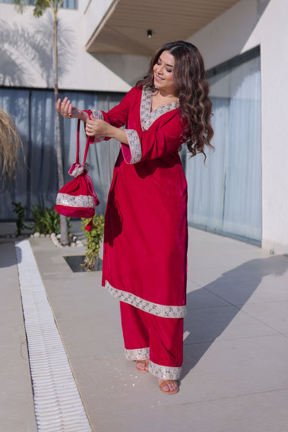 Crimson Red Embellished Velvet Kurta Pant with Potli Bag