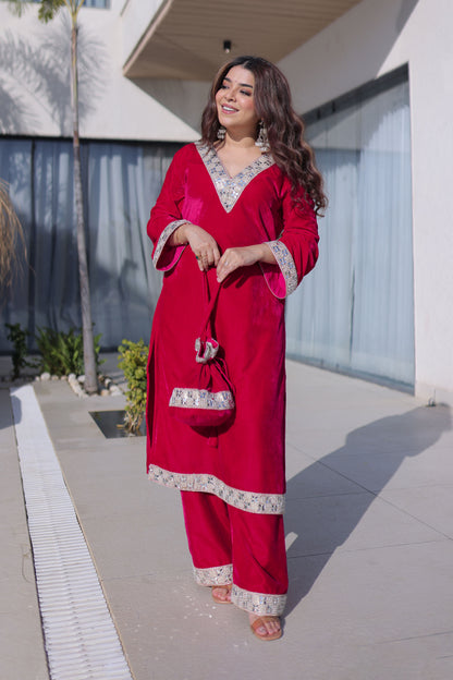 Crimson Red Embellished Velvet Kurta Pant with Potli Bag
