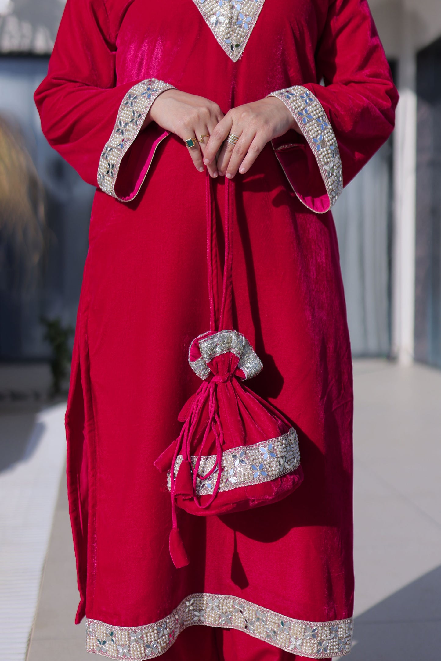 Crimson Red Embellished Velvet Kurta Pant with Potli Bag