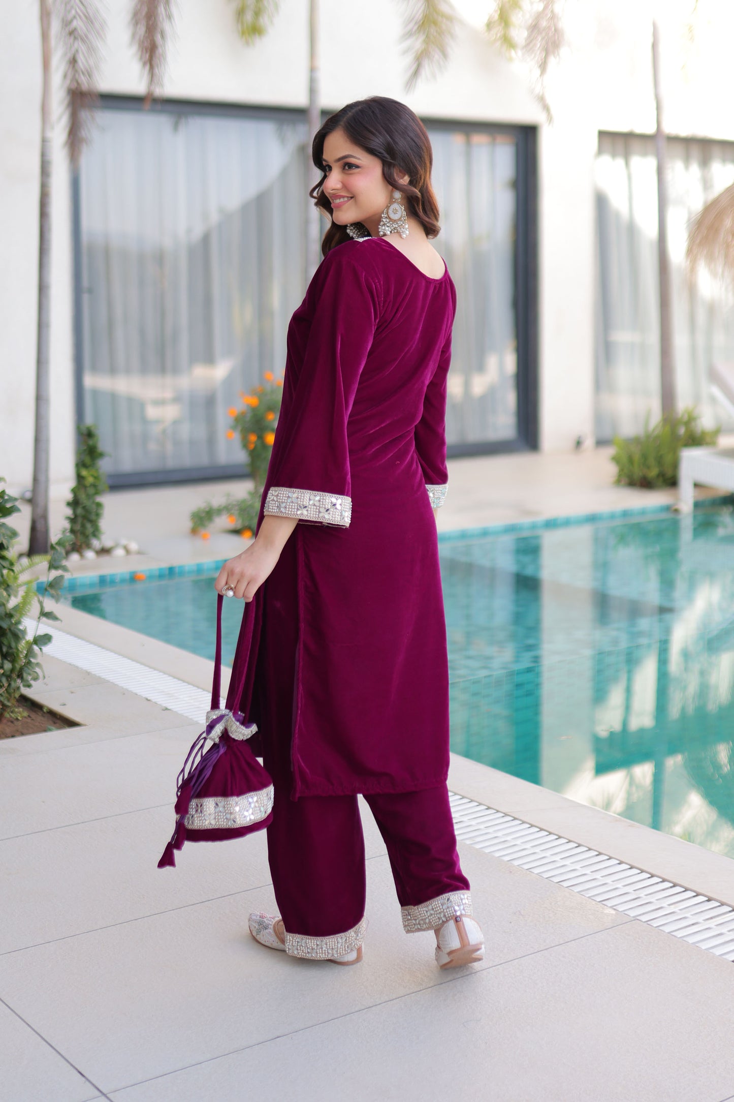 Wine Embellished Velvet Kurta Pant Set with Potli Bag
