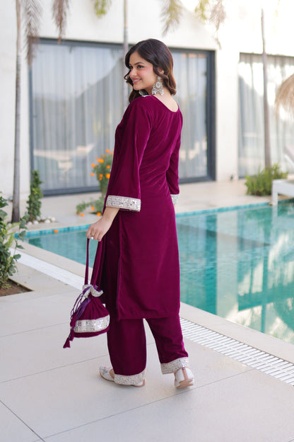 Wine Embellished Velvet Kurta Pant Set with Potli Bag