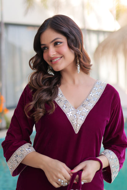 Wine Embellished Velvet Kurta Pant Set with Potli Bag