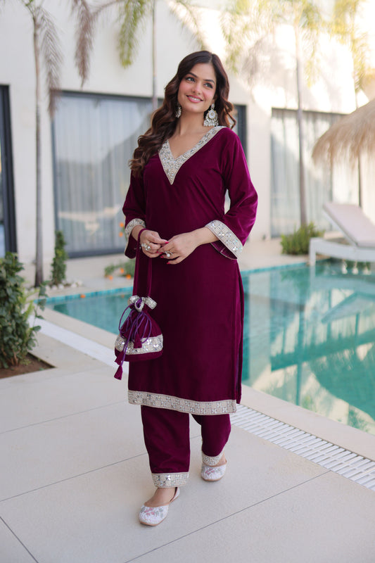 Wine Embellished Velvet Kurta Pant Set with Potli Bag