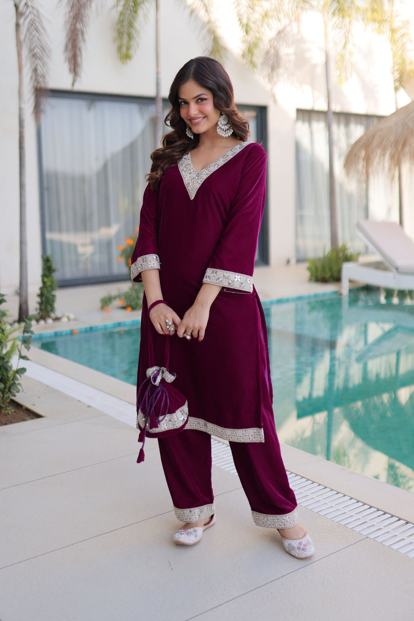 Wine Embellished Velvet Kurta Pant Set with Potli Bag