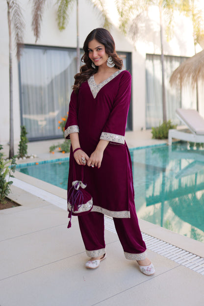 Wine Embellished Velvet Kurta Pant Set with Potli Bag