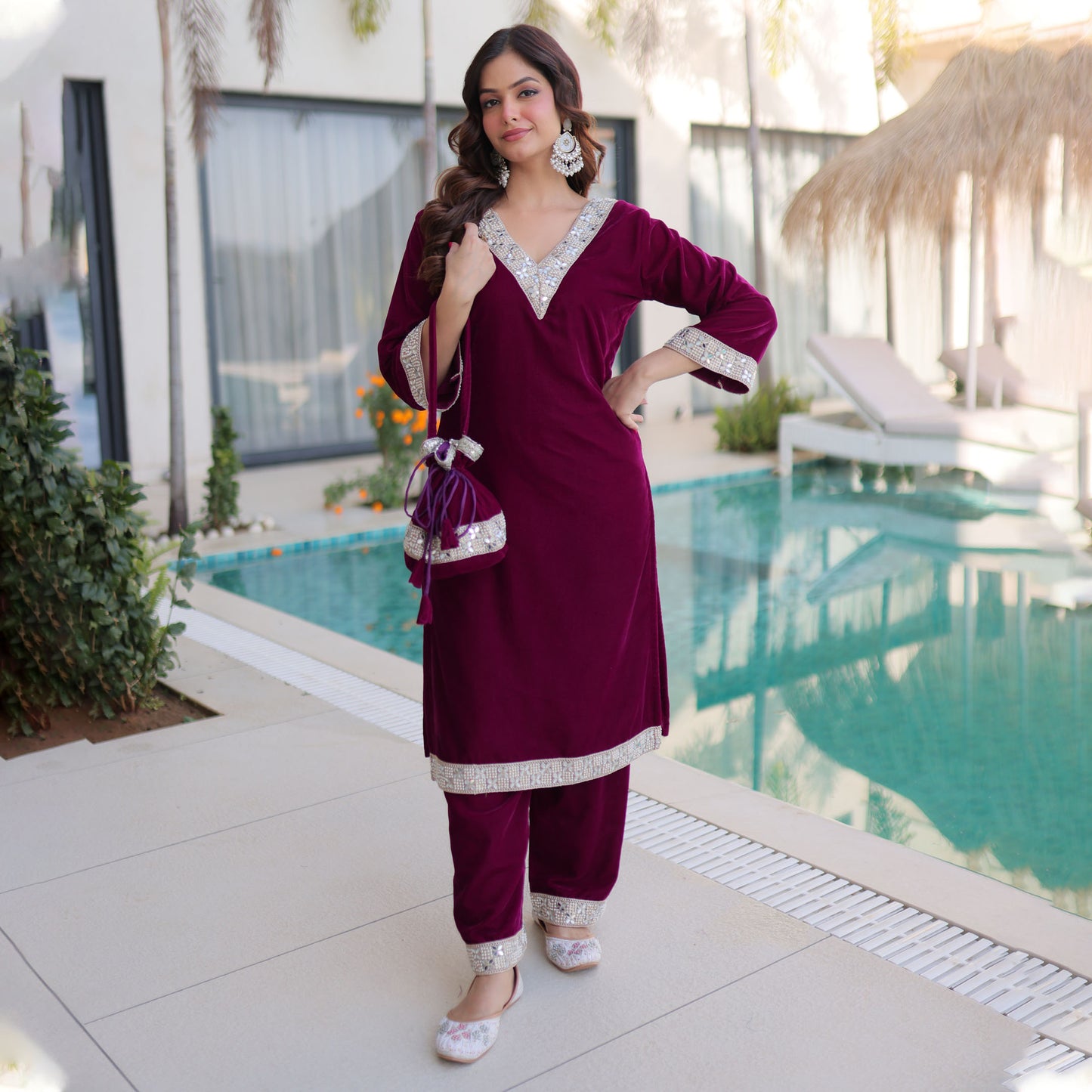 Wine Embellished Velvet Kurta Pant Set with Potli Bag