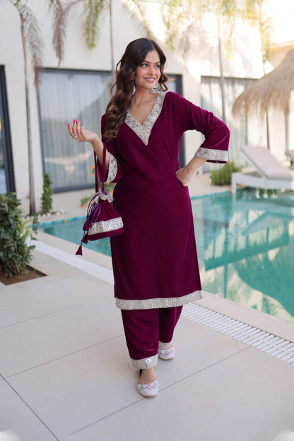 Wine Embellished Velvet Kurta Pant Set with Potli Bag