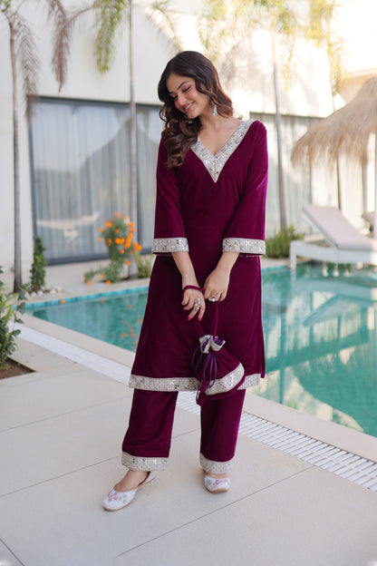 Wine Embellished Velvet Kurta Pant Set with Potli Bag