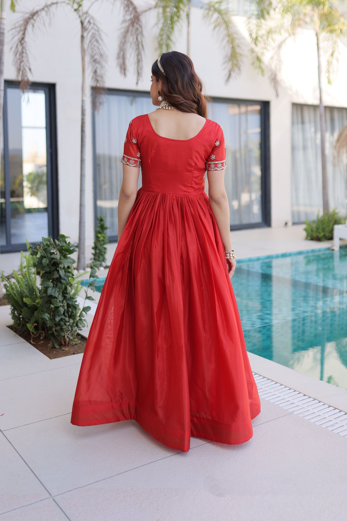 Fanta Cherry Red Gold Zari, Sequin and Bead Embroidered Gown