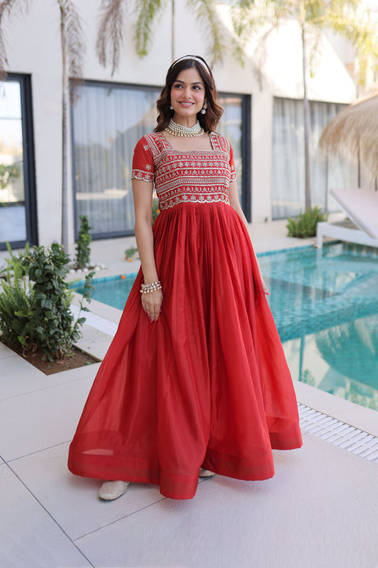 Fanta Cherry Red Gold Zari, Sequin and Bead Embroidered Gown