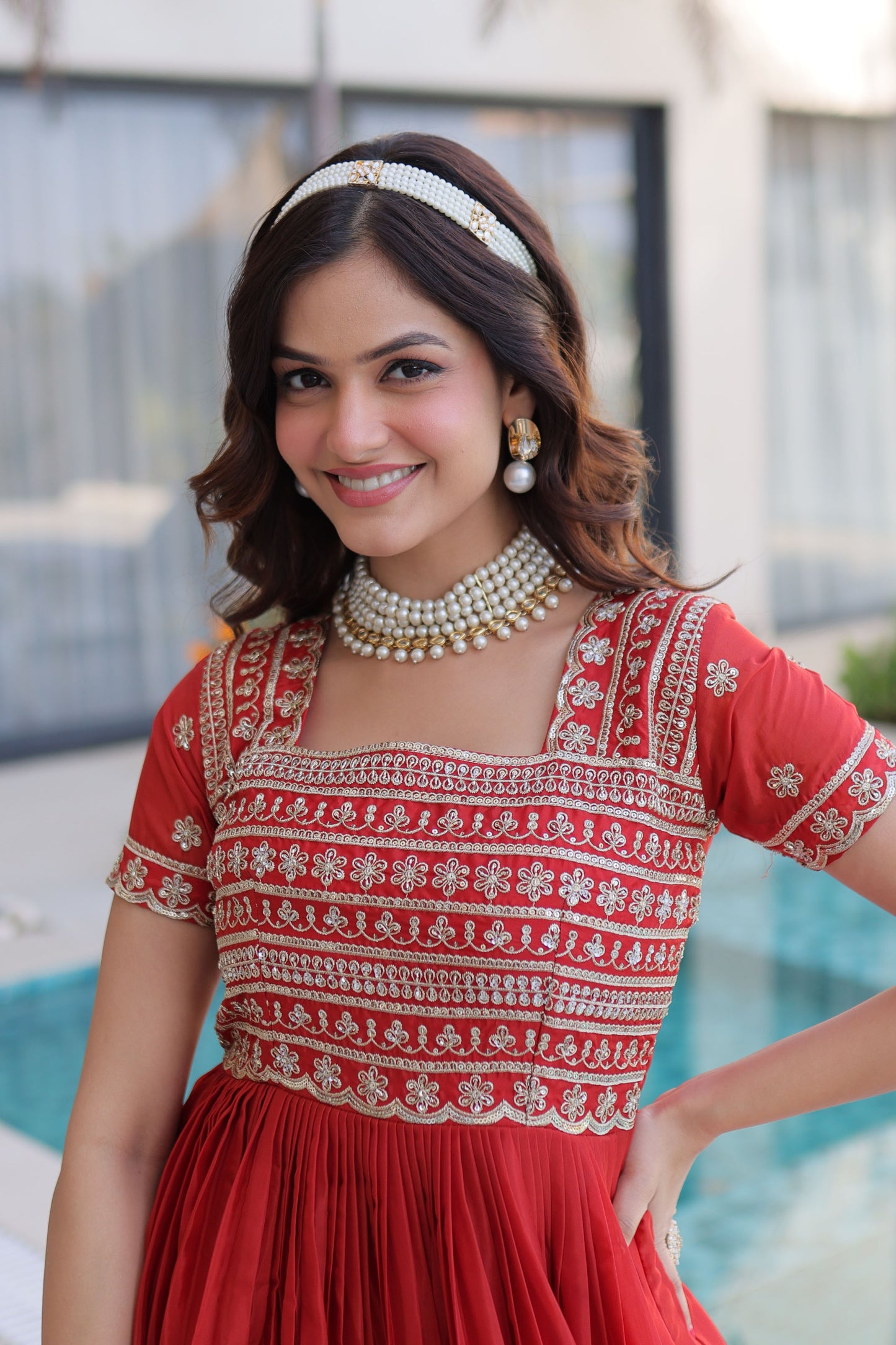 Fanta Cherry Red Gold Zari, Sequin and Bead Embroidered Gown