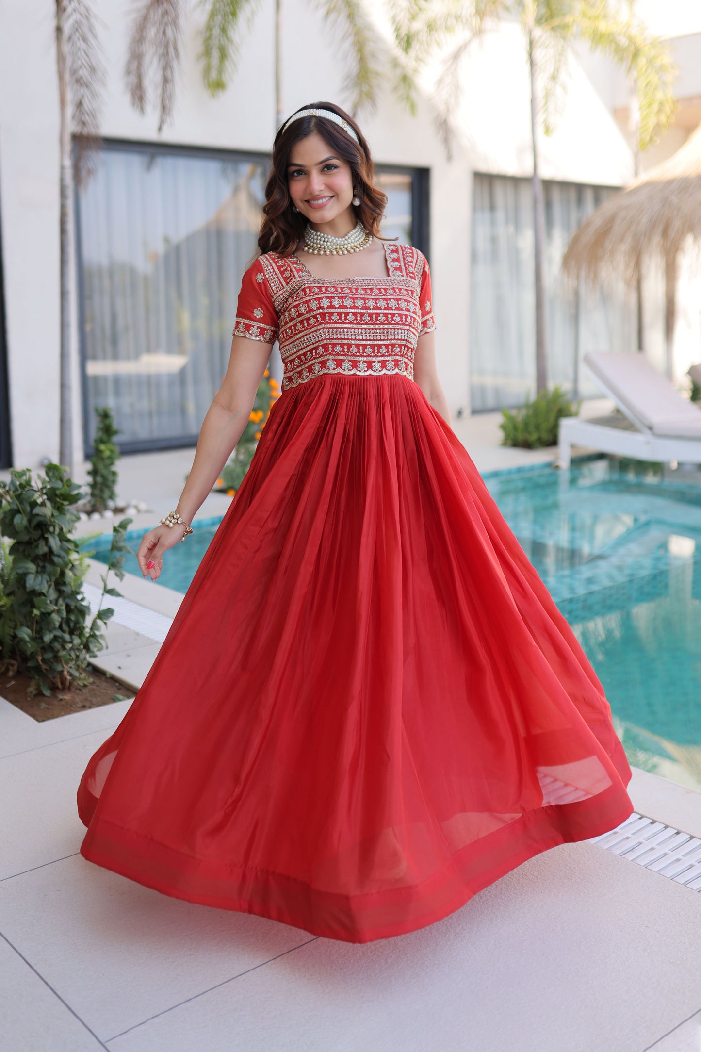 Fanta Cherry Red Gold Zari, Sequin and Bead Embroidered Gown