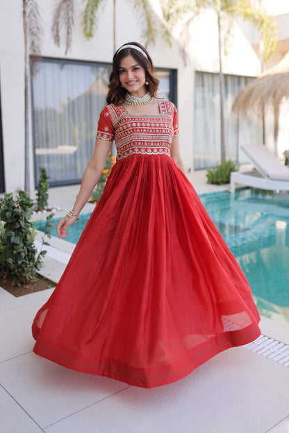 Fanta Cherry Red Gold Zari, Sequin and Bead Embroidered Gown