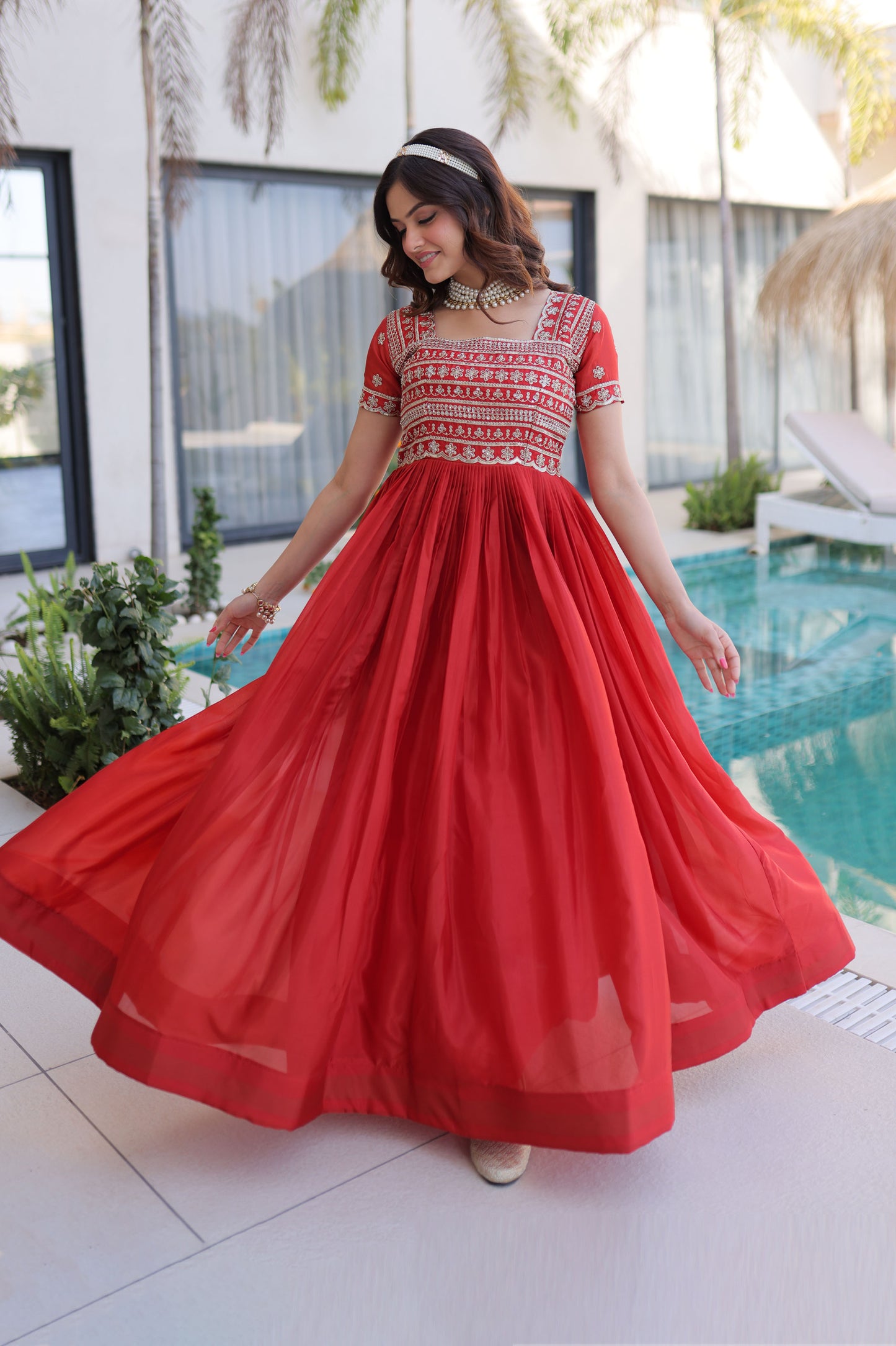 Fanta Cherry Red Gold Zari, Sequin and Bead Embroidered Gown