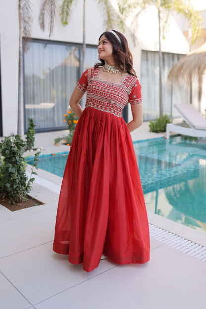 Fanta Cherry Red Gold Zari, Sequin and Bead Embroidered Gown
