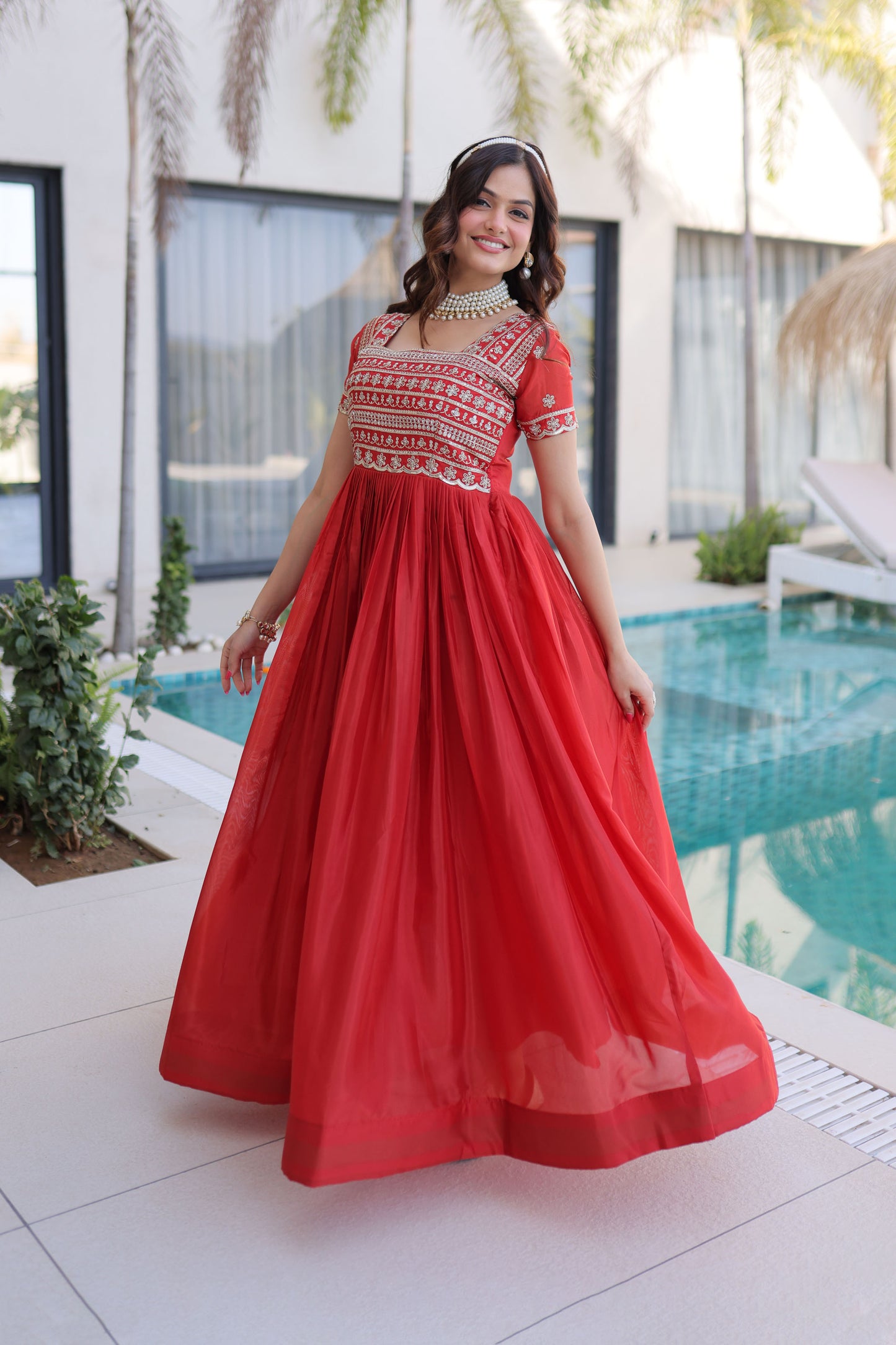Fanta Cherry Red Gold Zari, Sequin and Bead Embroidered Gown