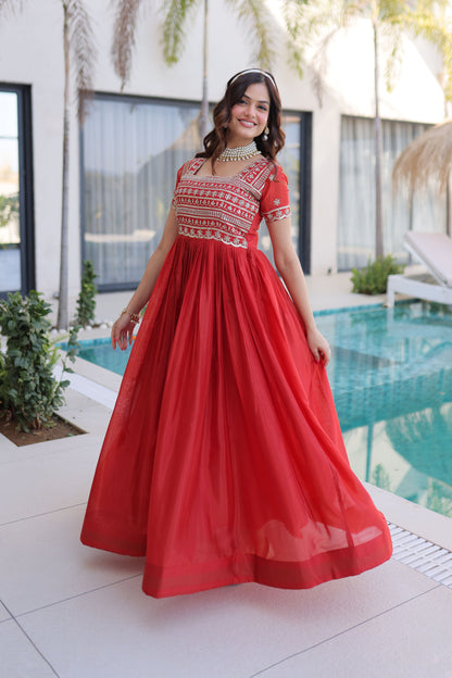Fanta Cherry Red Gold Zari, Sequin and Bead Embroidered Gown