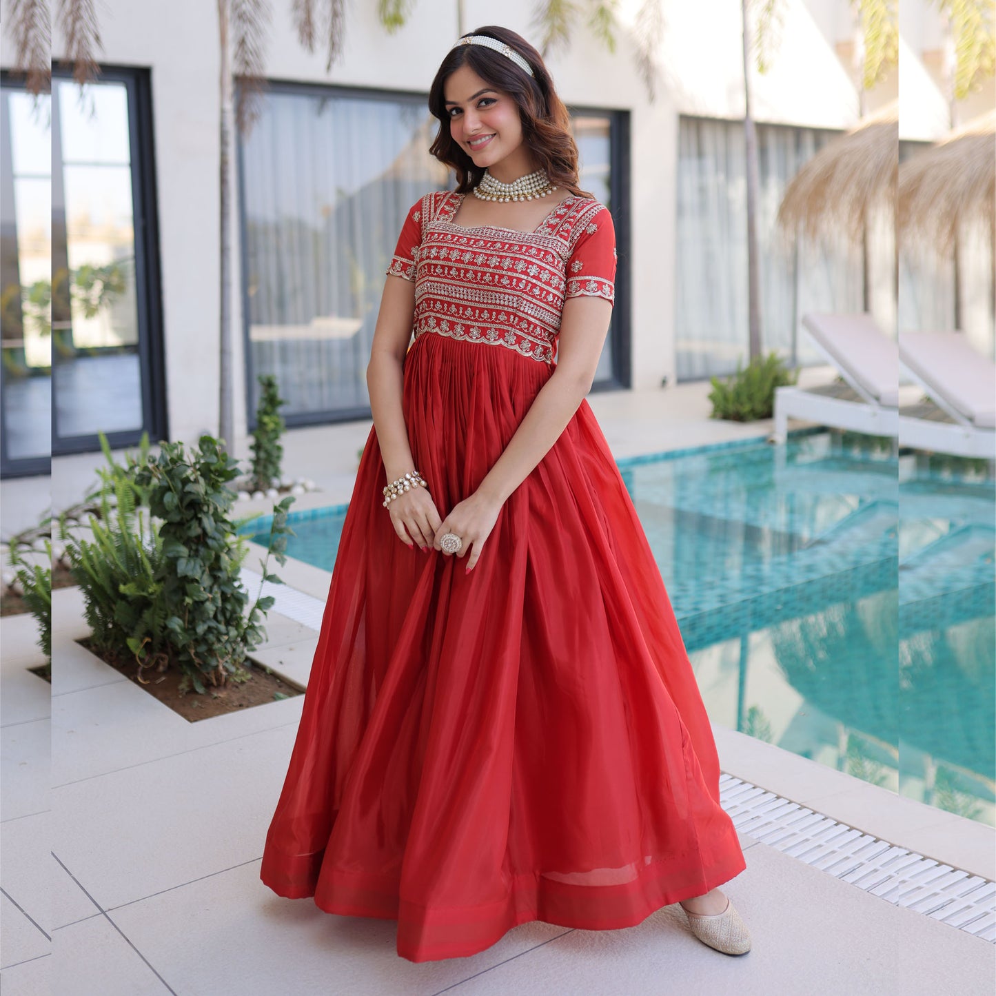 Fanta Cherry Red Gold Zari, Sequin and Bead Embroidered Gown