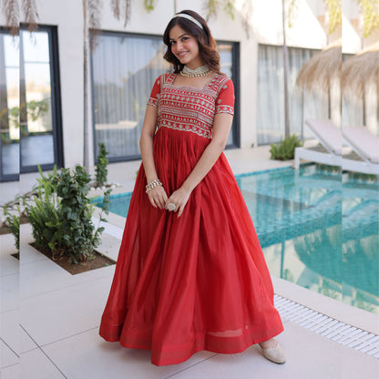 Fanta Cherry Red Gold Zari, Sequin and Bead Embroidered Gown