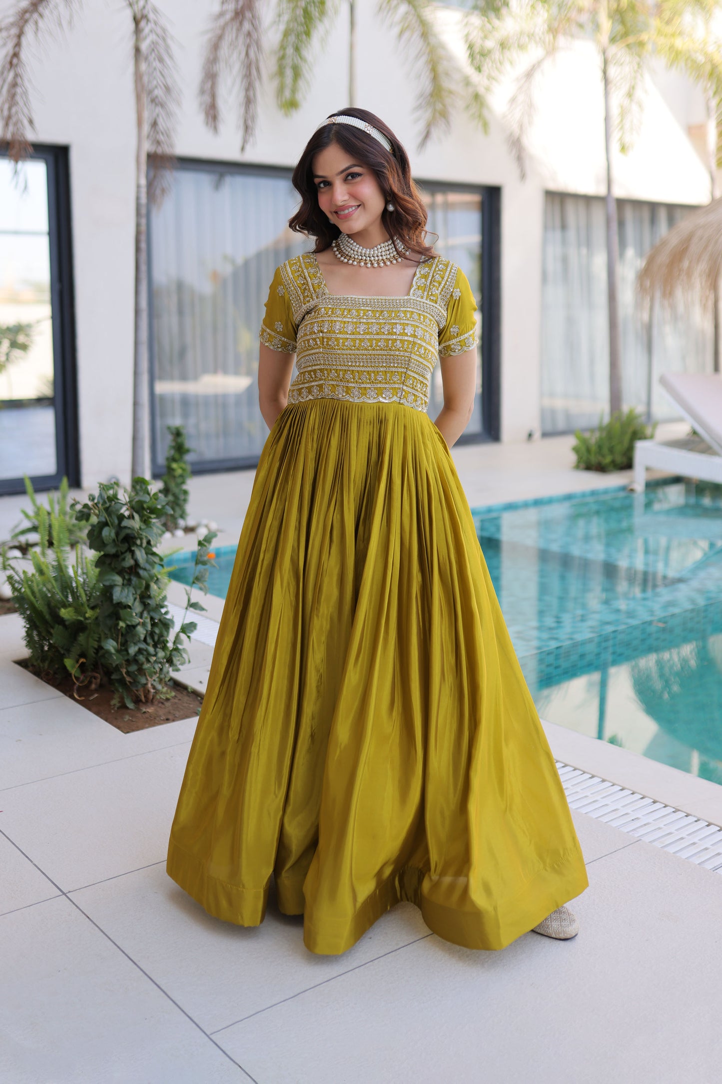 Laali Mehndi Olive Gold Zari, Sequin and Bead Embroidered Gown
