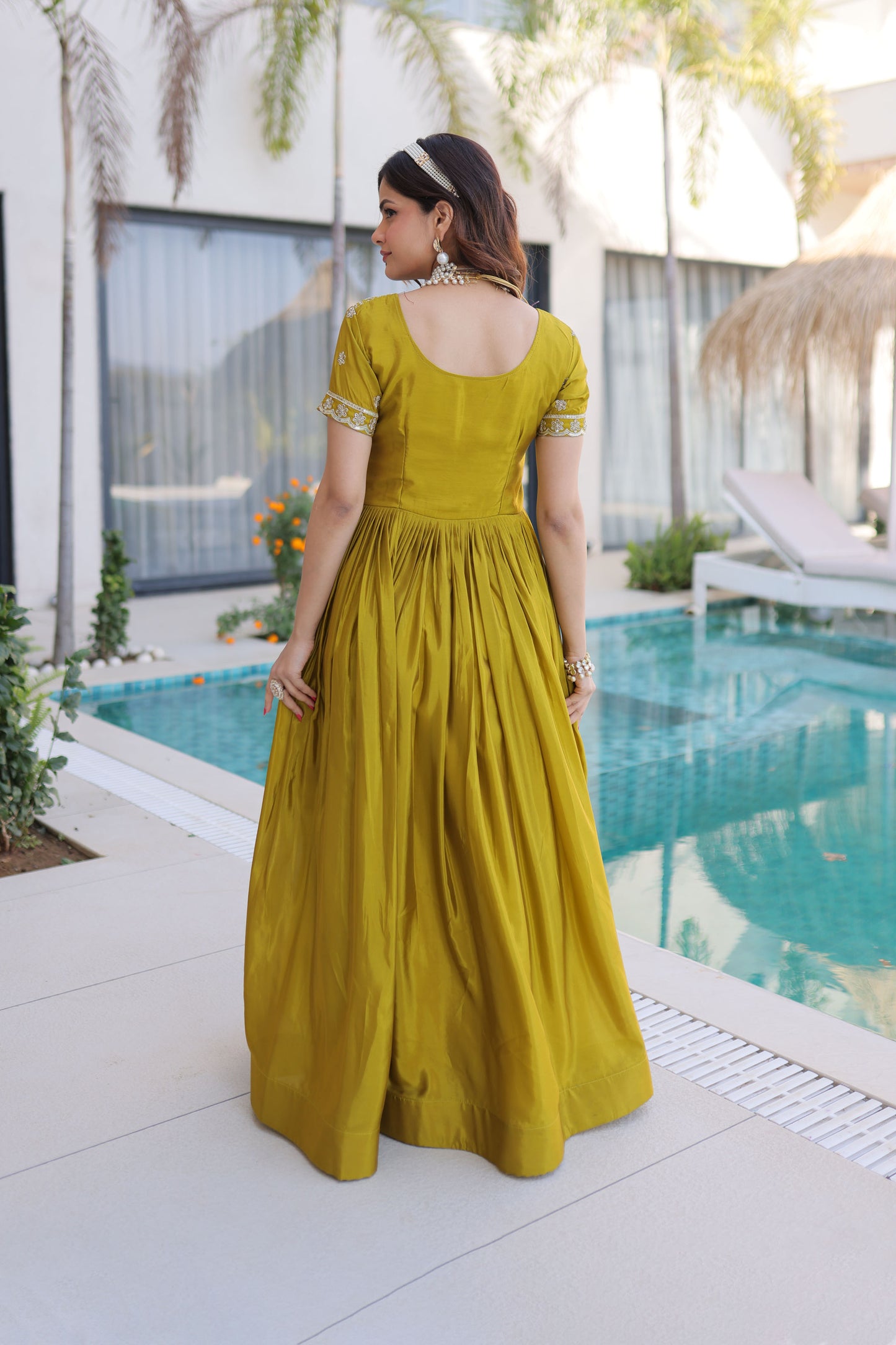 Laali Mehndi Olive Gold Zari, Sequin and Bead Embroidered Gown