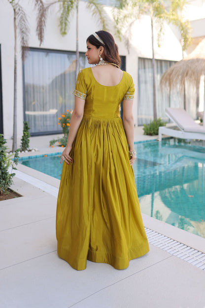 Laali Mehndi Olive Gold Zari, Sequin and Bead Embroidered Gown