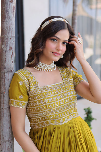 Laali Mehndi Olive Gold Zari, Sequin and Bead Embroidered Gown