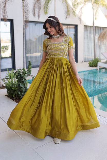 Laali Mehndi Olive Gold Zari, Sequin and Bead Embroidered Gown