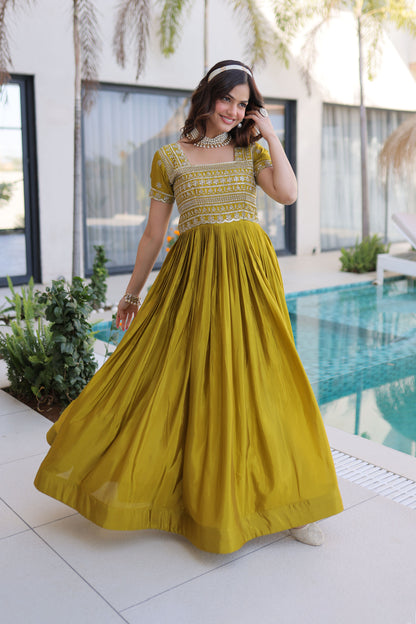 Laali Mehndi Olive Gold Zari, Sequin and Bead Embroidered Gown