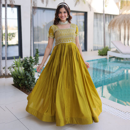 Laali Mehndi Olive Gold Zari, Sequin and Bead Embroidered Gown