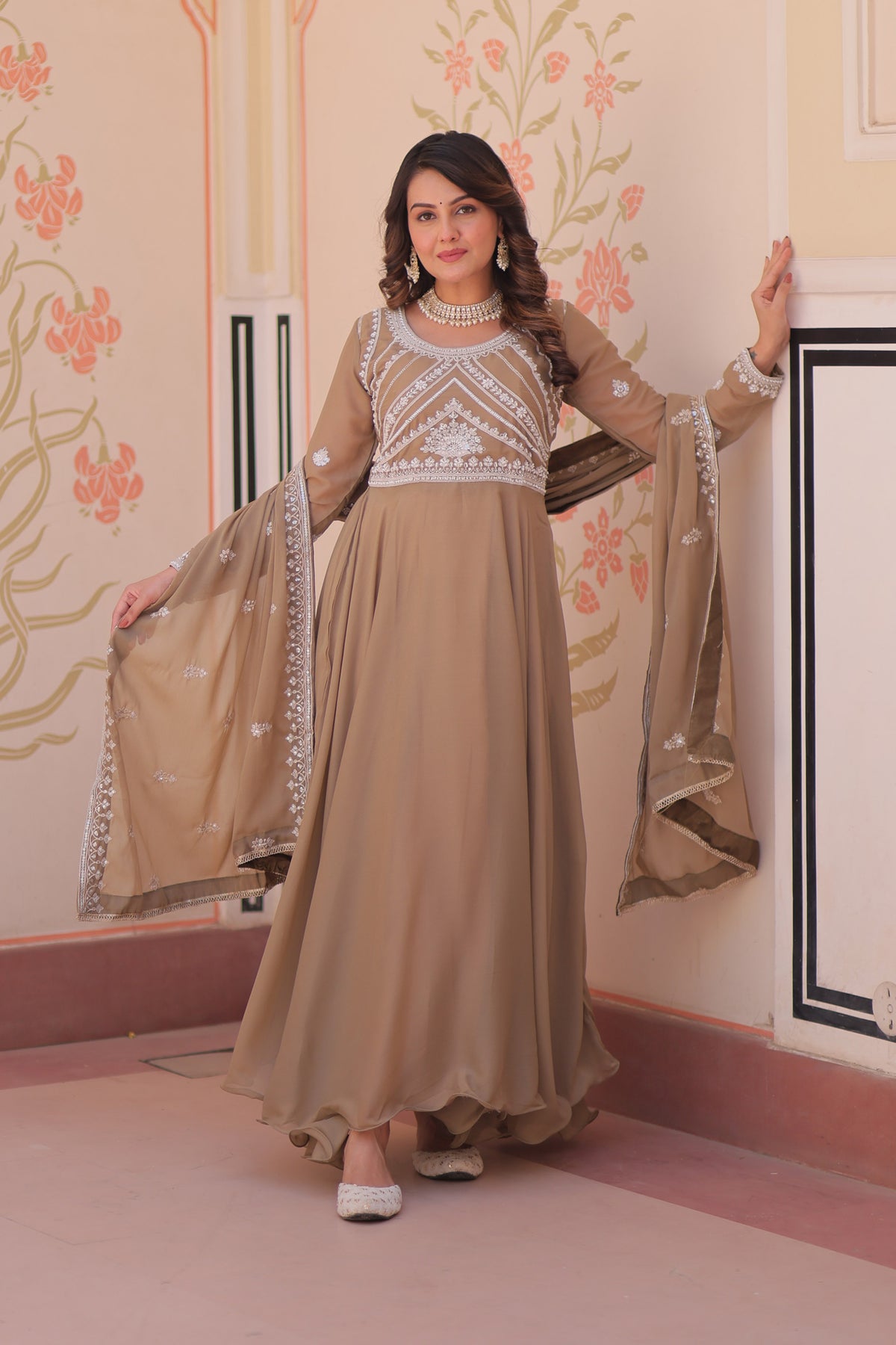 Anaisha Beige Star Georgette Gown Set